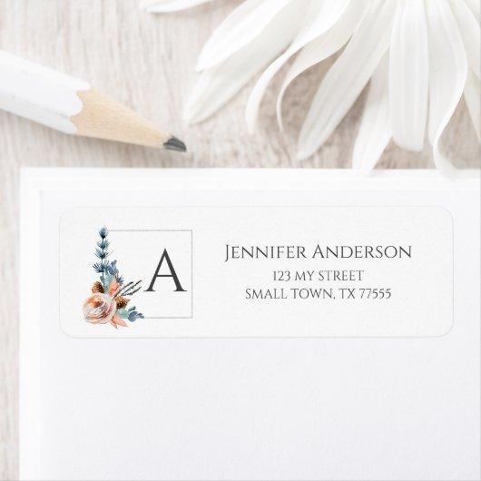 Elegant Blush Peach Blue Floral Initiaal Address Etiket (Insitu)