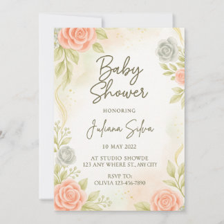 Elegant Blush Peach Floral Baby Shower Invitation  Kaart