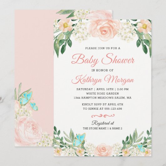 Elegant Blush Peach Floral Blossom Baby shower Kaart (Voorkant / Achterkant)