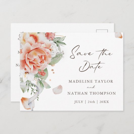 Elegant Blush Peach Floral Save the Date Briefkaart (Voorkant / Achterkant)