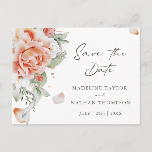 Elegant Blush Peach Floral Save the Date Briefkaart (Voorkant)