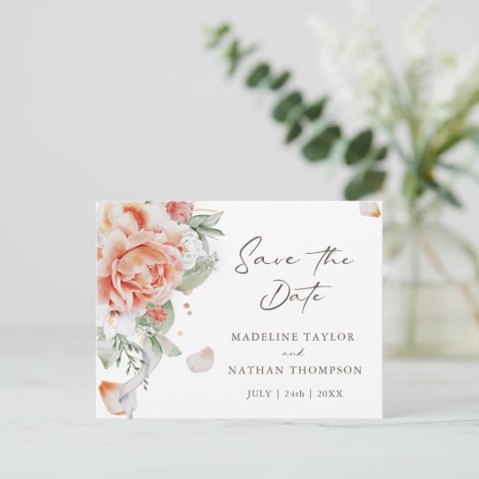 Elegant Blush Peach Floral Save the Date Briefkaart (Staand voorkant)