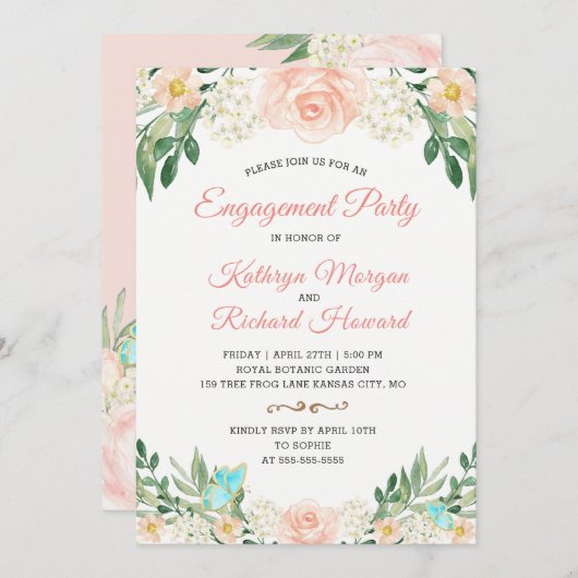 Elegant Blush Peach Floral Spring Engagement Party Kaart (Voorkant / Achterkant)