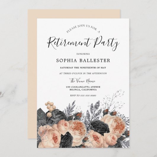 Elegant Blush Peach Flowers Retirement Party Kaart (Voorkant / Achterkant)