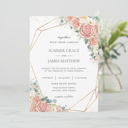 Elegant Blush Peach Ivory Floral Rozen Weddenschap Kaart (Staand voorkant)