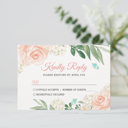 Elegant Blush Peach Waterverf Floral Wedding RSVP (Staand voorkant)