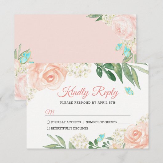 Elegant Blush Peach Waterverf Floral Wedding RSVP (Voorkant / Achterkant)