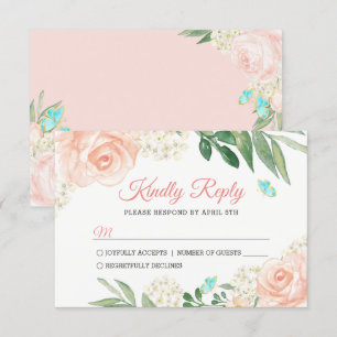 Elegant Blush Peach Waterverf Floral Wedding RSVP Kaartje
