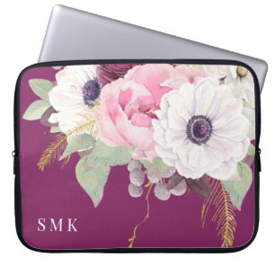 Elegant Blush Peony Eucalyptus Floral Monogram Laptop Sleeve