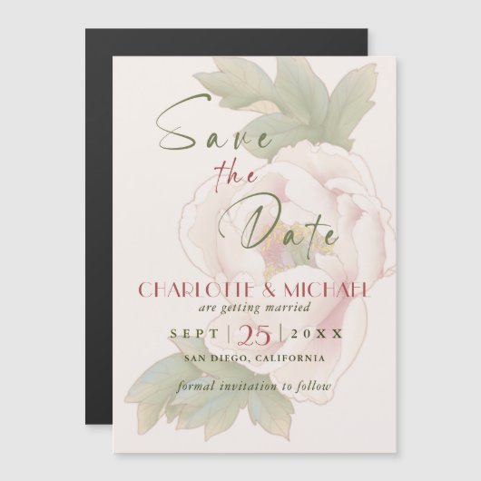 Elegant Blush Peony Roos Wedding Save the Date Magnetische Uitnodiging (Voorkant / Achterkant)