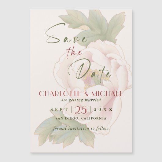 Elegant Blush Peony Roos Wedding Save the Date Magnetische Uitnodiging (Voorkant)