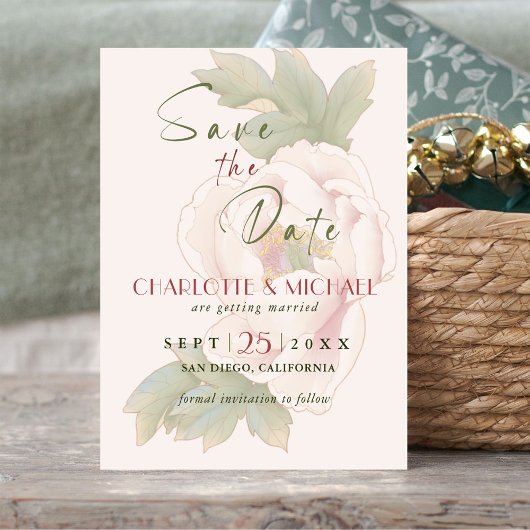 Elegant Blush Peony Roos Wedding Save the Date Magnetische Uitnodiging
