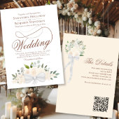 Elegant Blush Perzik Bloemboeket QR Code Bruiloft Kaart