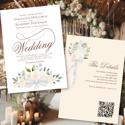 Elegant Blush Perzik Bloemboeket QR Code Bruiloft Kaart