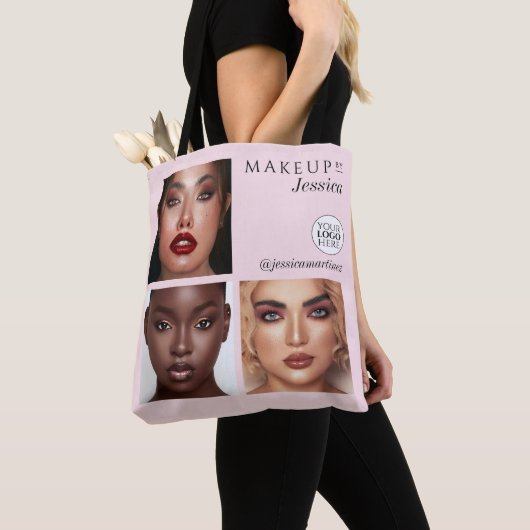 Elegant Blush Pink 3 Photo Logo Makeup Studio Tote Bag (Dichtbij)