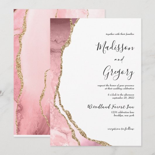 Elegant Blush Pink Agate Geode Gold Wedding Kaart (Voorkant / Achterkant)