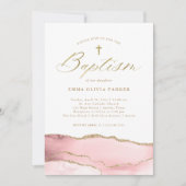 Elegant Blush Pink Agate met Gold Cross | Baptisme Kaart (Voorkant)