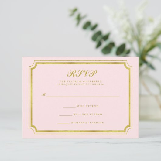 Elegant Blush Pink and Faux Gold Wedding RSVP (Staand voorkant)