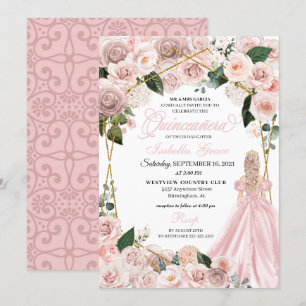 Elegant Blush Pink and Gold Floral Quinceanera Inv Kaart
