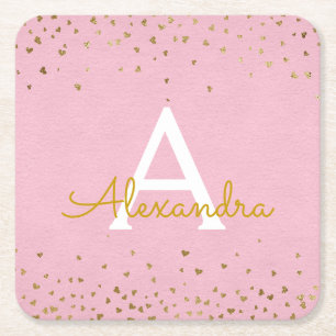 Elegant Blush Pink and Gold Foil Confetti Monogram Kartonnen Onderzetters