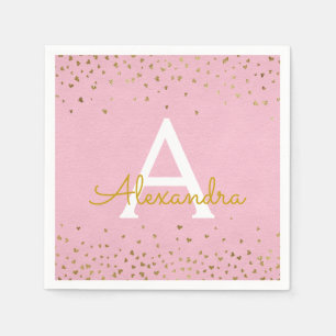 Elegant Blush Pink and Gold Foil Confetti Monogram Servet