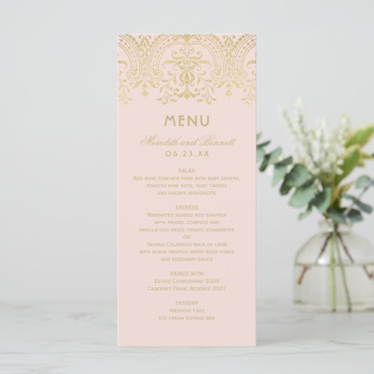 Elegant Blush Pink and Gold  Glam Wedding Menu (Staand voorkant)