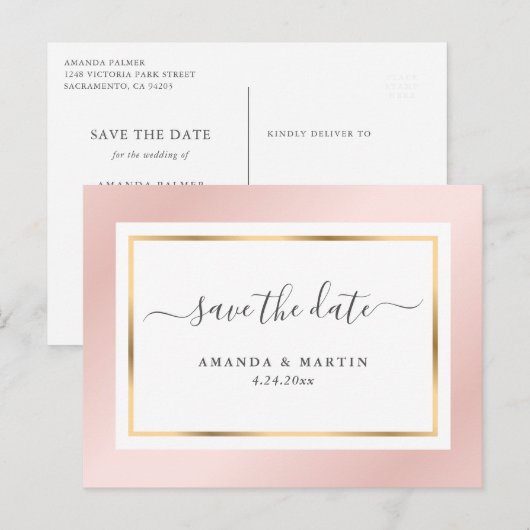 Elegant Blush Pink and Gold Wedding Save the Date Aankondigingskaart (Voorkant / Achterkant)
