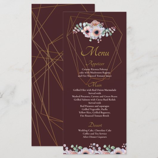 Elegant Blush Pink Anemone Floral Geometrische Lij Menu (Voorkant / Achterkant)