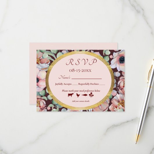 Elegant Blush Pink Anemone Floral Geometrische Lij RSVP Kaartje (Voorkant / Achterkant in situ)