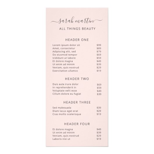 Elegant Blush Pink Beauty Salon-prijslijst Reclamekaart (Voorkant)