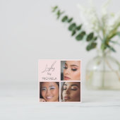 Elegant Blush Pink Black Script 3 Photo Lashes Vierkante Visitekaartje (Staand voorkant)