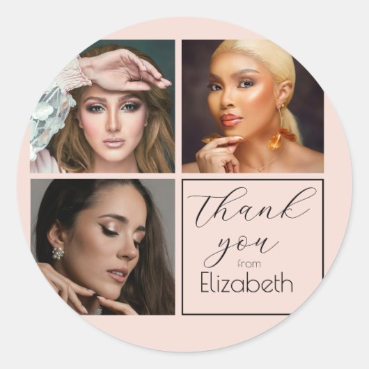 Elegant Blush Pink Black Script 3 Photo Makeup  Ronde Sticker (Voorkant)