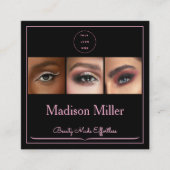 Elegant Blush Pink Black Script 3 Photo Makeup Squ Vierkante Visitekaartje (Voorkant)