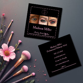 Elegant Blush Pink Black Script 3 Photo Makeup Squ Vierkante Visitekaartje