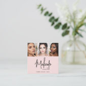 Elegant Blush Pink Black Script 3 Photo Makeup Vierkante Visitekaartje (Staand voorkant)