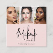 Elegant Blush Pink Black Script 3 Photo Makeup Vierkante Visitekaartje (Voorkant)
