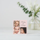 Elegant Blush Pink Black Script 3 Photo Makeup Vierkante Visitekaartje (Staand voorkant)