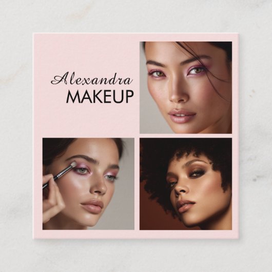 Elegant Blush Pink Black Script 3 Photo Makeup Vierkante Visitekaartje (Voorkant)