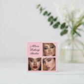Elegant Blush Pink Black Script 3 Photo Makeup Vierkante Visitekaartje (Staand voorkant)