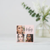 Elegant Blush Pink Black Script 3 Photo Makeup Vierkante Visitekaartje (Staand voorkant)