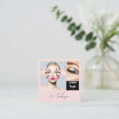 Elegant Blush Pink Black Script 3 Photo Makeup Vierkante Visitekaartje (Staand voorkant)