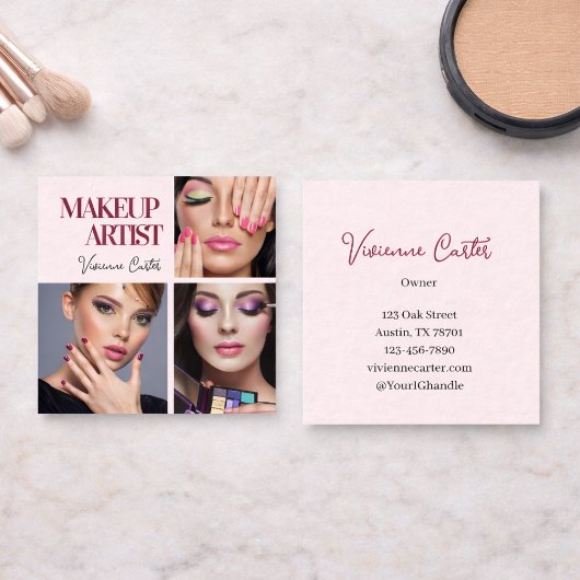 Elegant Blush Pink Black Script 3 Photo Makeup Vierkante Visitekaartje