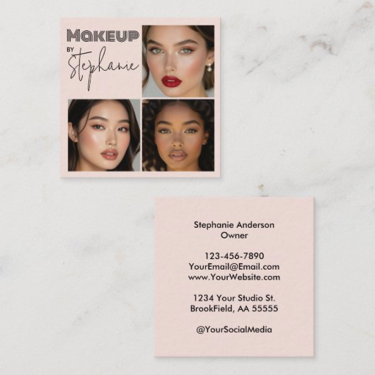 Elegant Blush Pink Black Script 3 Photo Makeup Vierkante Visitekaartje (Voorkant / Achterkant)