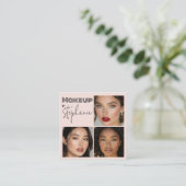 Elegant Blush Pink Black Script 3 Photo Makeup Vierkante Visitekaartje (Staand voorkant)