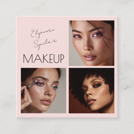 Elegant Blush Pink Black Script 3 Photo Makeup Vierkante Visitekaartje (Voorkant)