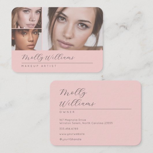 Elegant Blush Pink Black Script 3 Photo Makeup Visitekaartje (Voorkant / Achterkant)