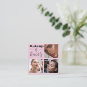 Elegant Blush Pink Black Script 3 Photo Vierkante Visitekaartje (Staand voorkant)