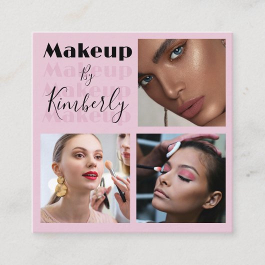 Elegant Blush Pink Black Script 3 Photo Vierkante Visitekaartje (Voorkant)