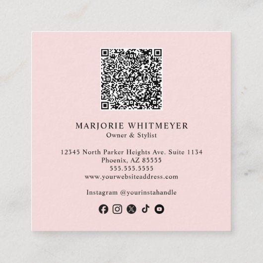 Elegant Blush Pink Black Script QR Code Makeup Vierkante Visitekaartje (Achterkant)