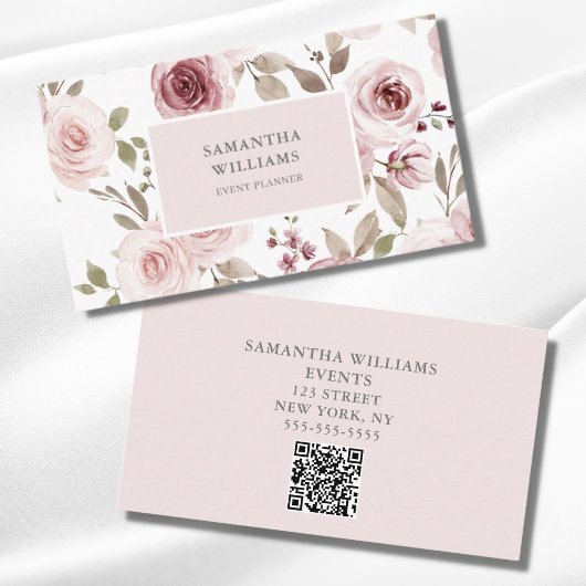 Elegant Blush Pink Bloemen Event Planner QR Code Visitekaartje